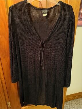 Teddi Black Open-Weave/V-Neck/Tie-Front/Clip Closure Cardigan or Cover Up Dress